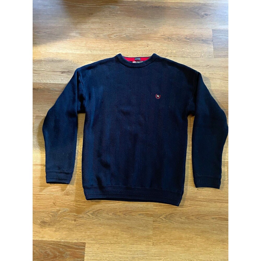 Chaps Ralph Lauren Navy Herringbone Knit Y2K Grandpa Logo Sweater Men's M